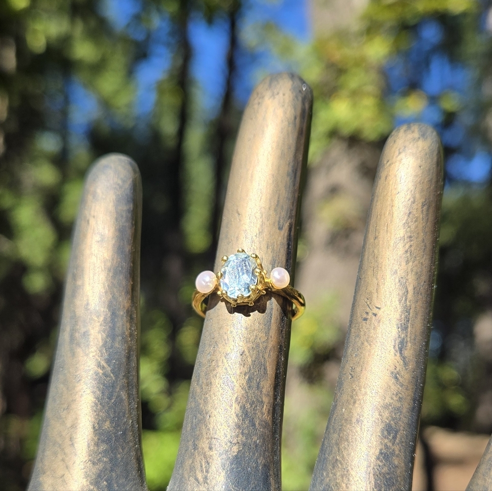 Blue Topaz 3.5k Sterling Gold & Pearl Ring Sz6.5 - Picture 3 of 9